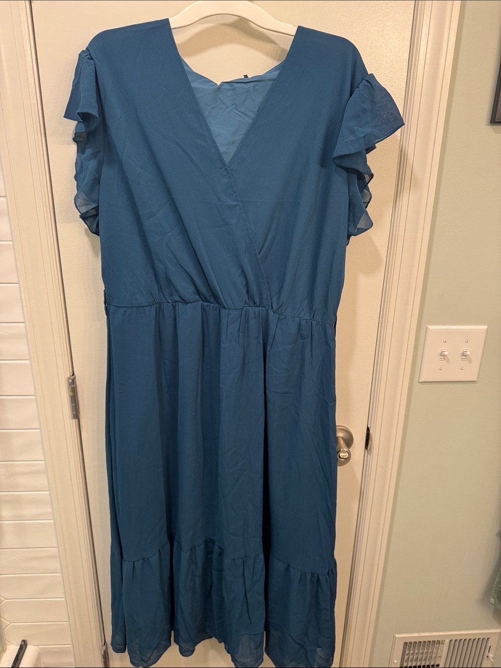 Women’s Blue V-Neck Ruffle Sleeve Midi Dress with Waist Tie